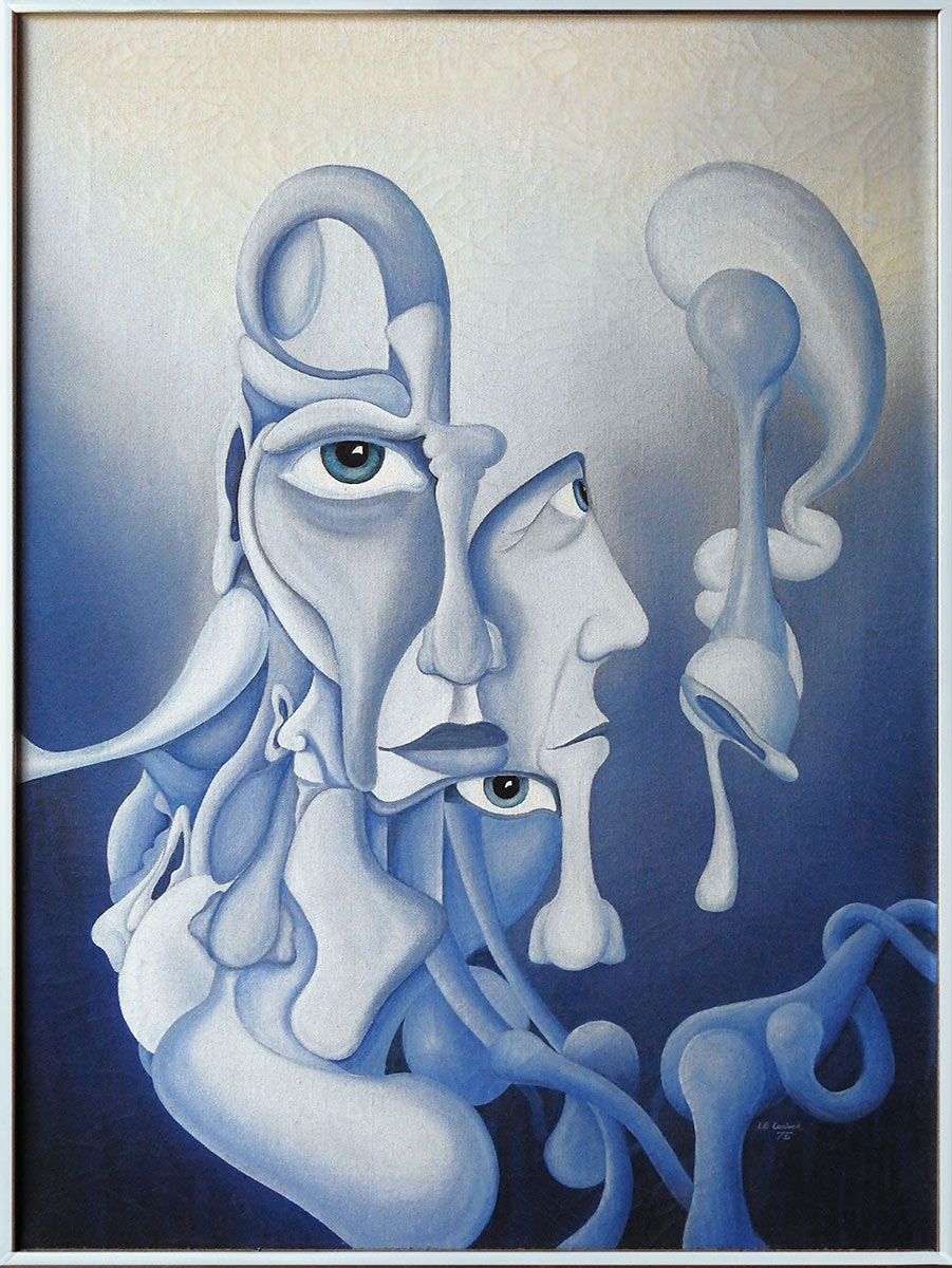 Surrealistic painting of blue blobs resembling human body parts hanging in bluish air.