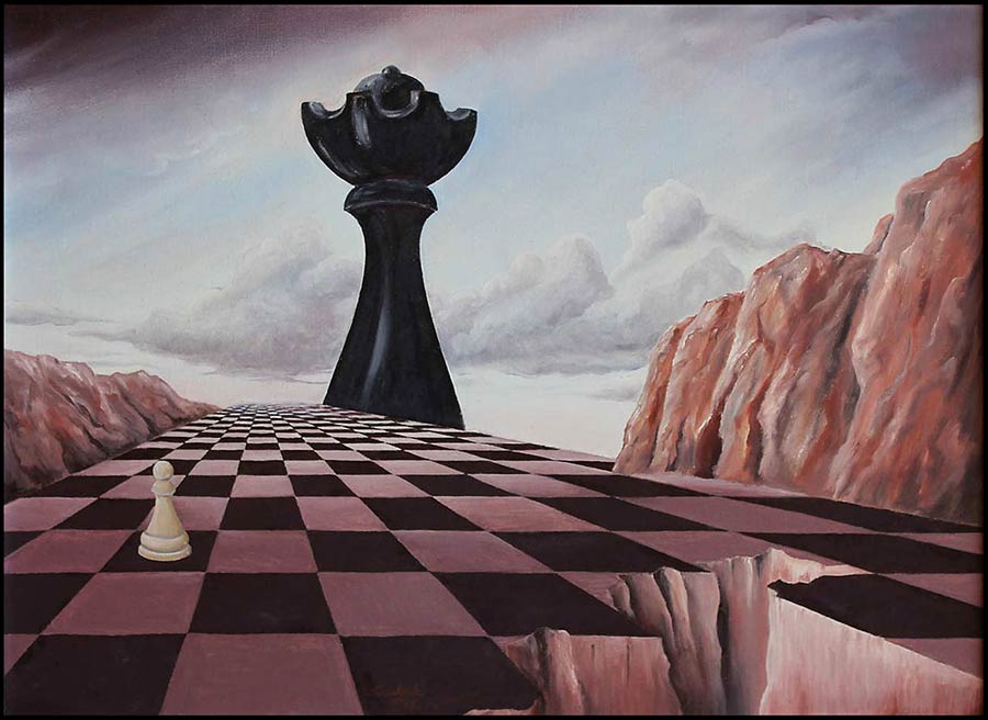 Original surrealistic oil painting of two chess pieces in a stand-off, a pawn and a queen, by Lewis B Carlock