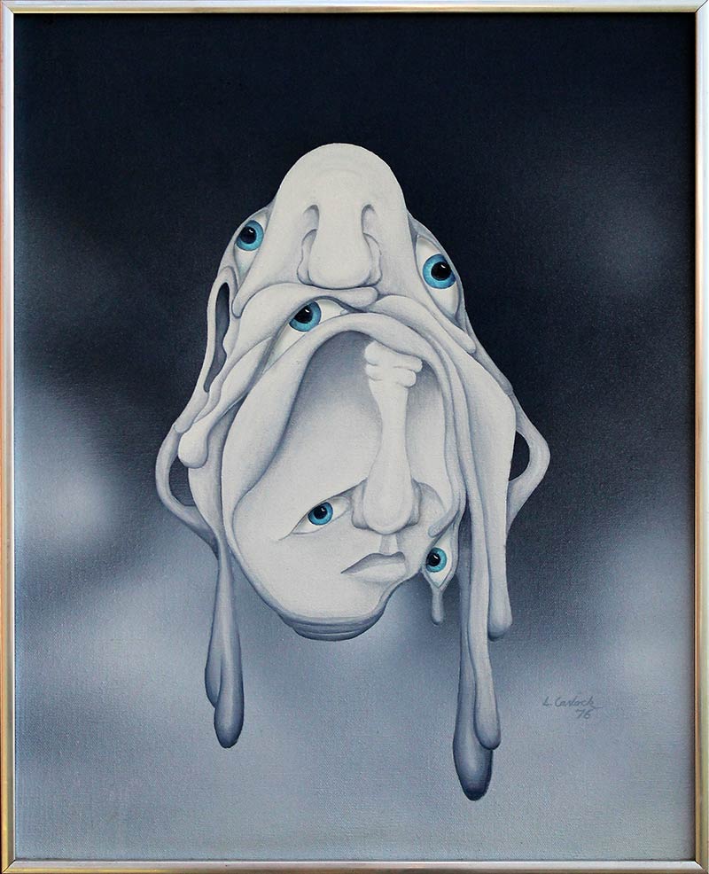 Surrealistic painting of grey blob hanging in air with five eyes, two noses, and hanging rounded tentacles.