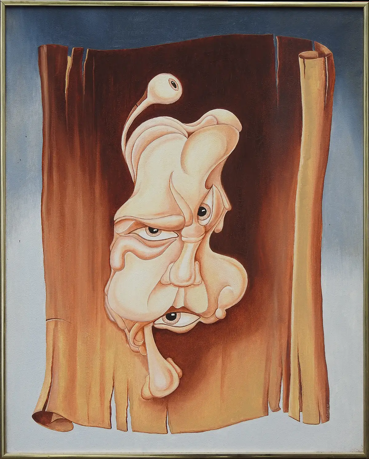 Surrealistic painting od distorted human face on torn brown scroll